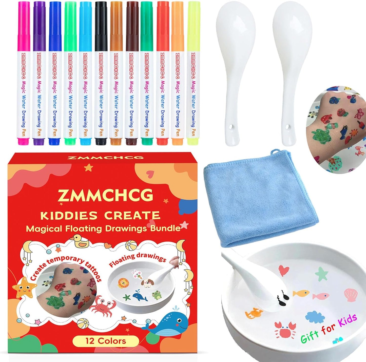 Kiddies Create Magical Floating Drawings Bundle, Magical Drawing Pens for Kids Water, Magic Water Painting Pen Set for Tattoos, DIY Art Ink Marker Kit with Spoons & Towel, Boys Girls Children'S Gifts